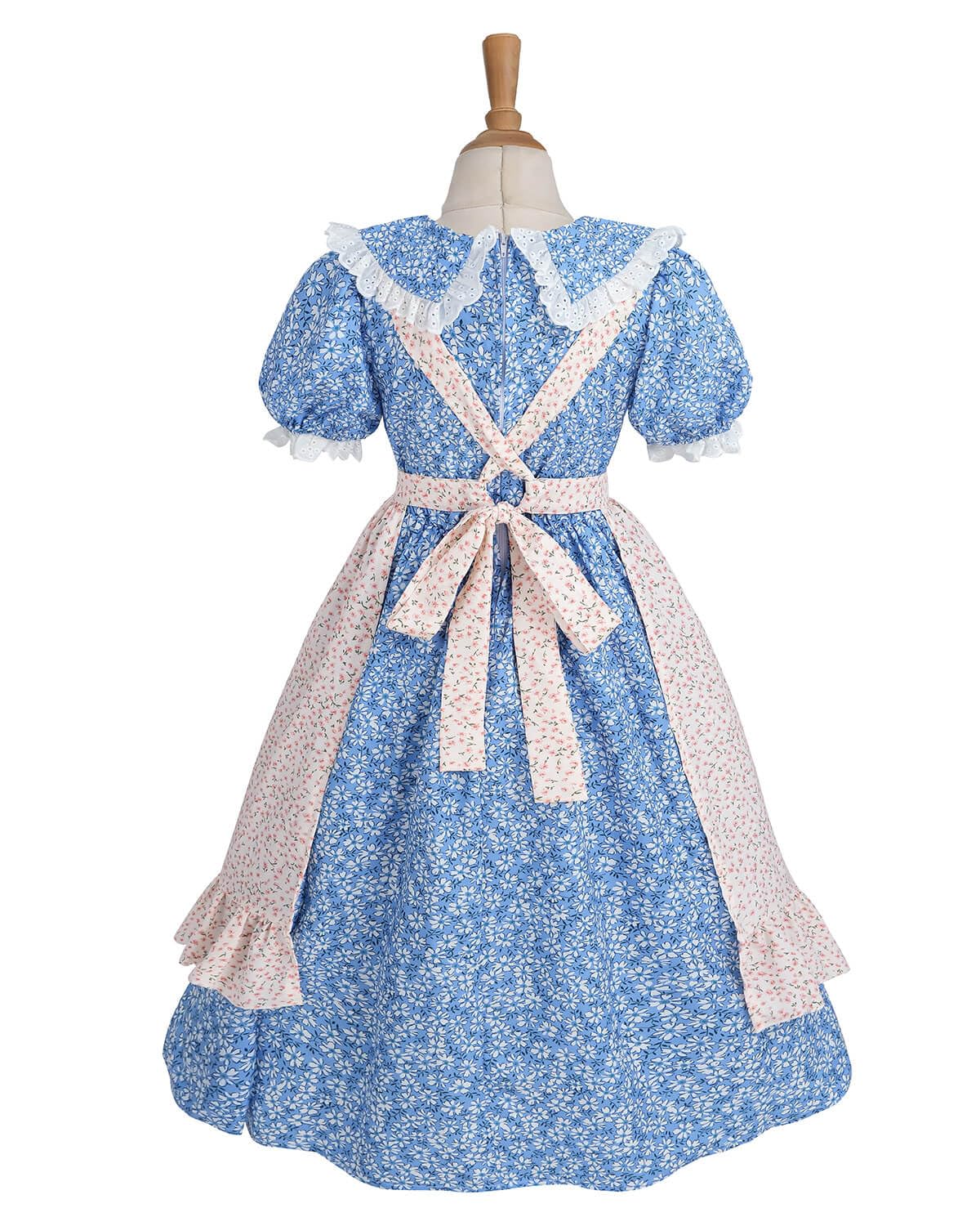 Nuoqi Colonial Costume Girls Prairie Pioneer Dress Laura Ingalls Wilder Costume With Apron Blue, 6-7