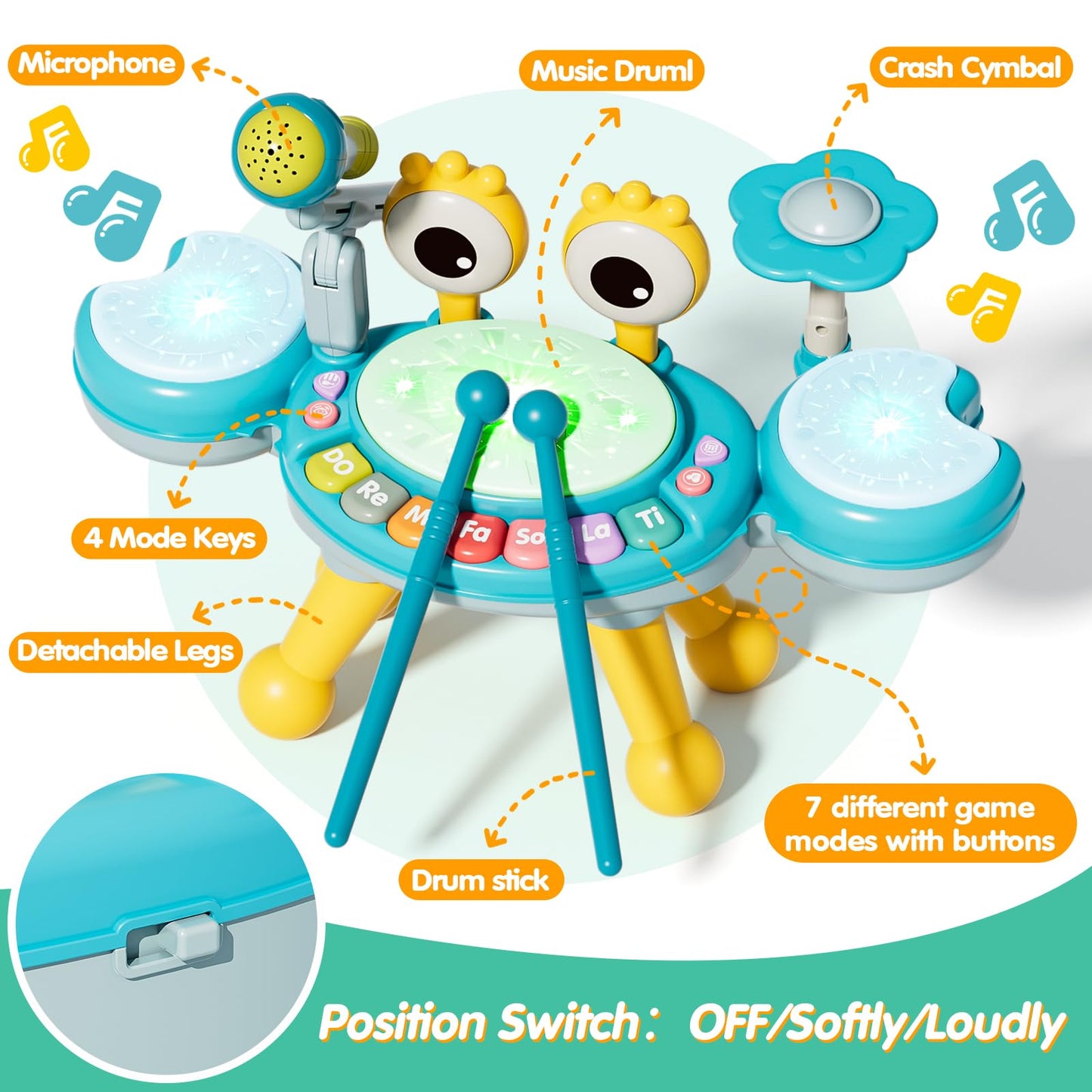 Zsinb Toddler Drum Set with Microphone, Small, Blue, Plastic, Model BY-6233, Ideal Musical Toy for 1-3 Year Olds, Birthday Gift