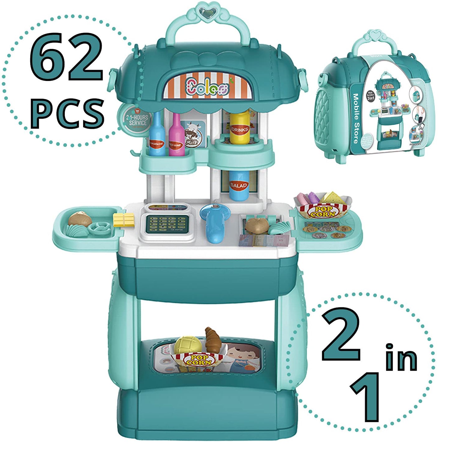 Shape28 Store Bag Pretend Play Store Toddler Toys 62 PCS Shopping Cart for Kids with Play Kitchen Prop Money Pantry Storage Cash