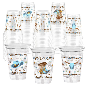 ZCPTZ 100 Pcs Western Cowboy Plastic Cups, 12 oz Blue Cowboy Party Cup Clear Disposable Western Cowboy Cups for Western Cowboy B