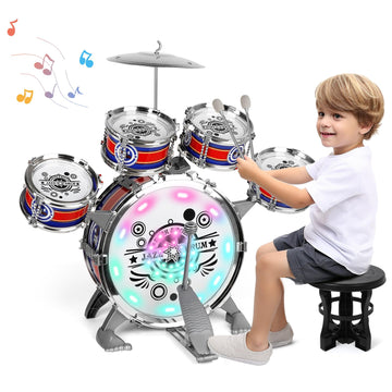 M Sanmersen Toddler Drum Kit For Ages 1-3 | 5-Piece Kids Drum Set With Stool & Cymbal | Compact Musical Instruments Toys Birthday Gift For 1- 3 Year Beginners Olds Boys Girls (Blue, With Led Light)