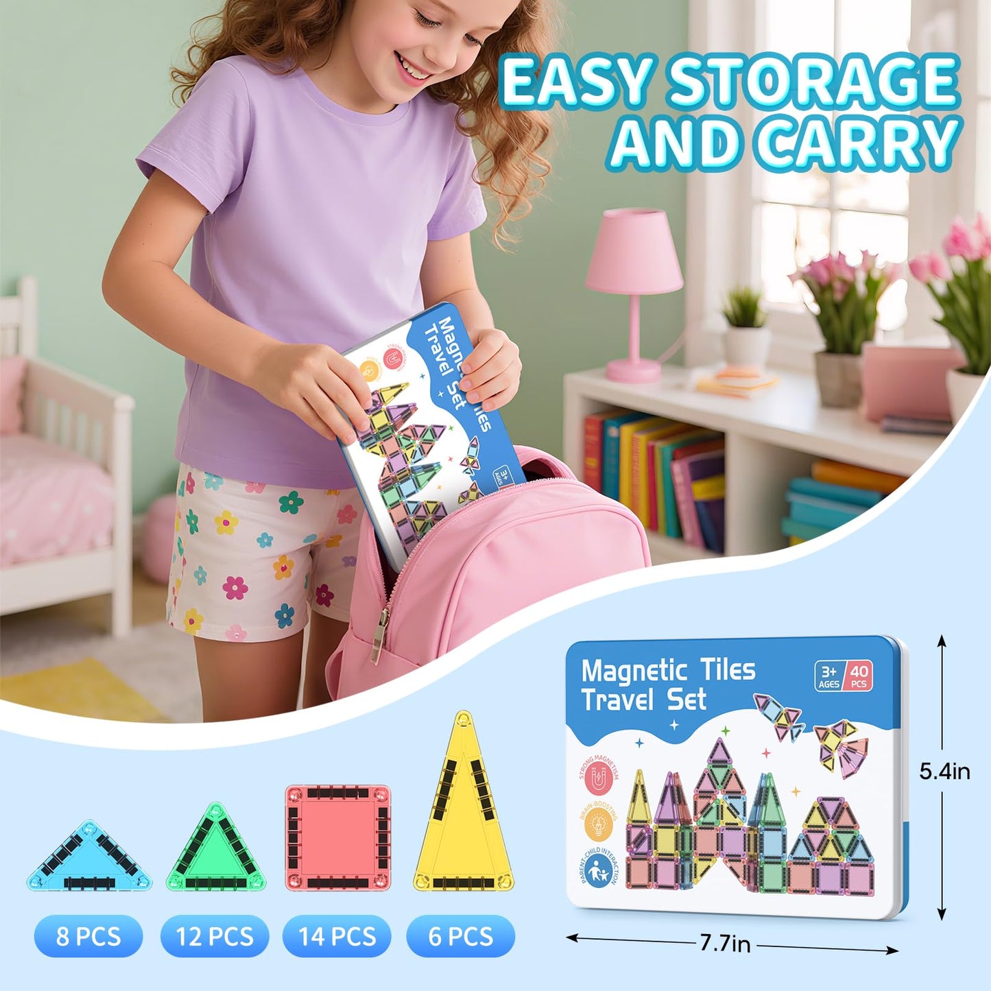 40PCS Mini Magnetic Tiles Travel Set  Portable STEM Building Blocks for Kids with Metal Storage Box  Montessori Sensory Toys for Classroom & Travel  Christmas Gift for Boys & Girls