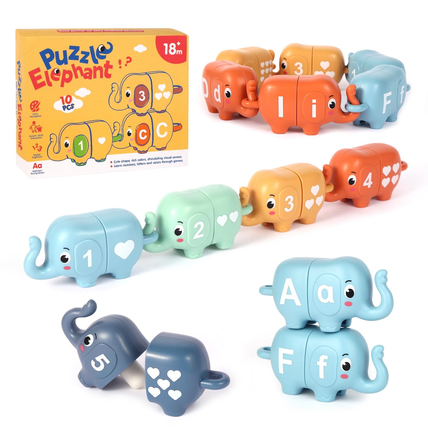 Chelpopo 10Pcs Elephant Number & Alphabet Learning Toys For Toddlers 2-4, Toddler Preschool Learning Activities, Educational Mon