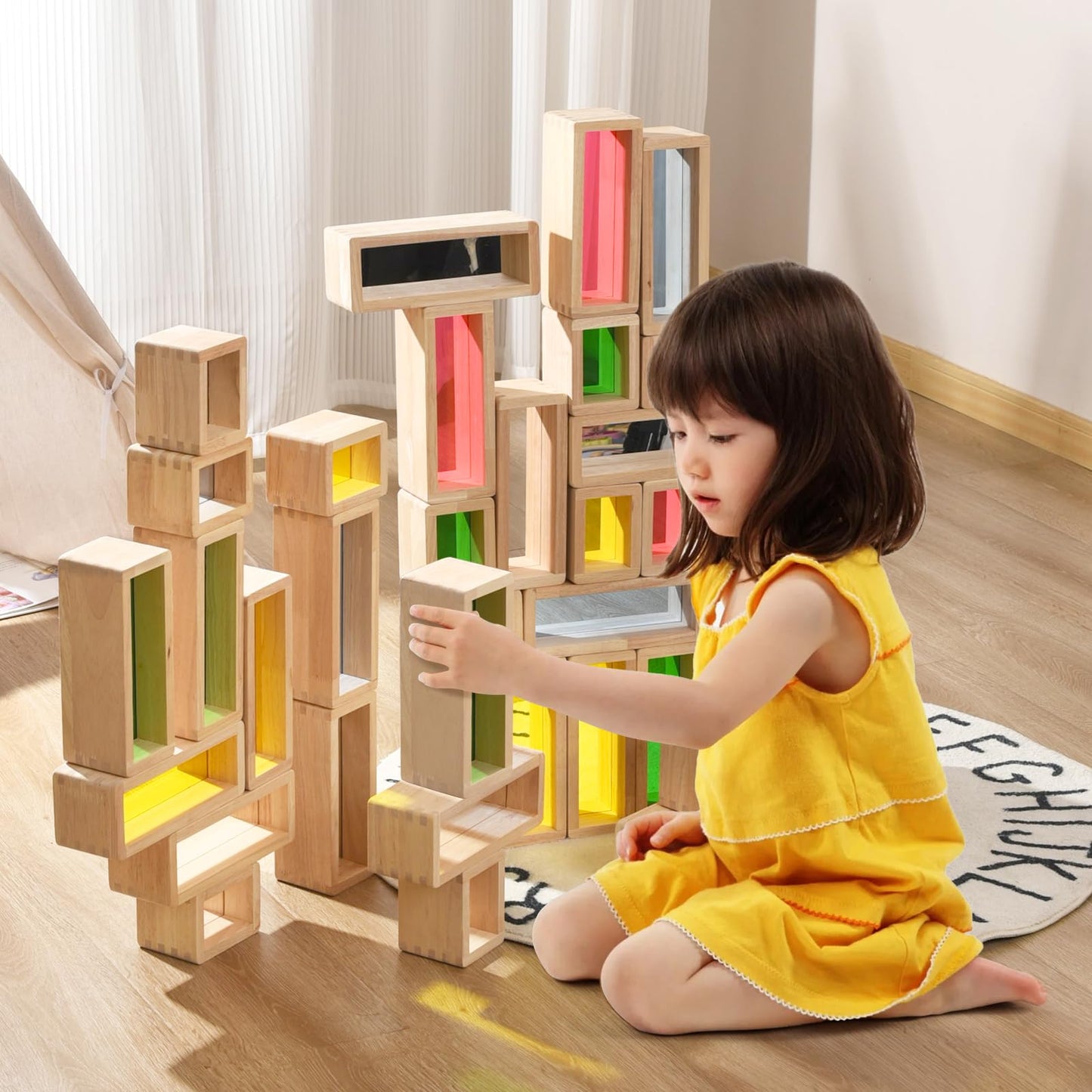 Xylolin Large Wooden Building Blocks Set For Toddlers, 36 Pcs Rainbow Big Window Hollow Blocks Set For Kids, Sensory Indoor Wood