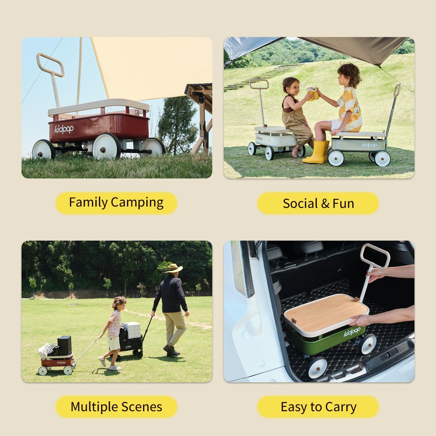 kidpop 3-in-1 Kids' Pull-Along Wagon, Adjustable Handlebar, Removable Wooden Cover, Max Weight 33 lbs, Grey, Model KPD4005A
