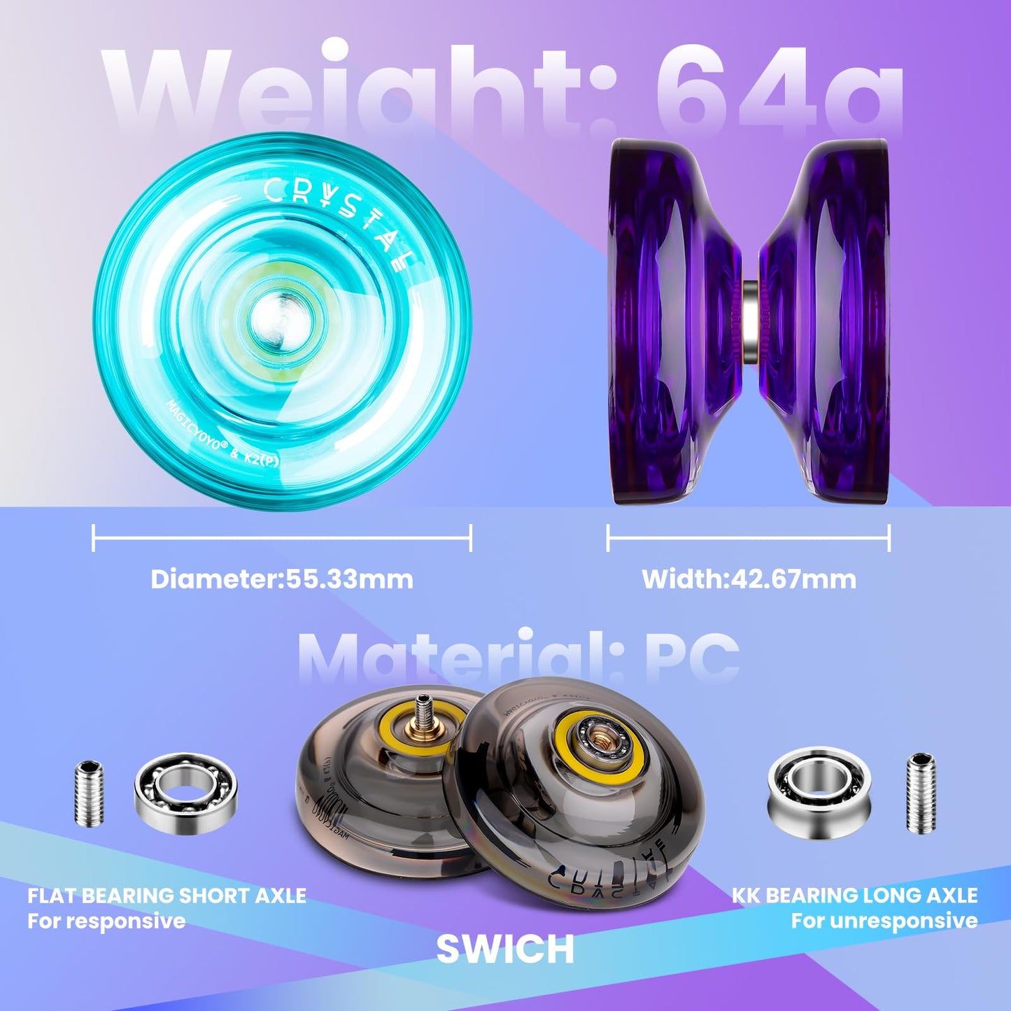 3 Pack of Yoyo K2 Crystal, Responsive Yoyos for Kids Beginner, Dual Function Yo-yos with Replacement Unresponsive Yo Yo Bearings