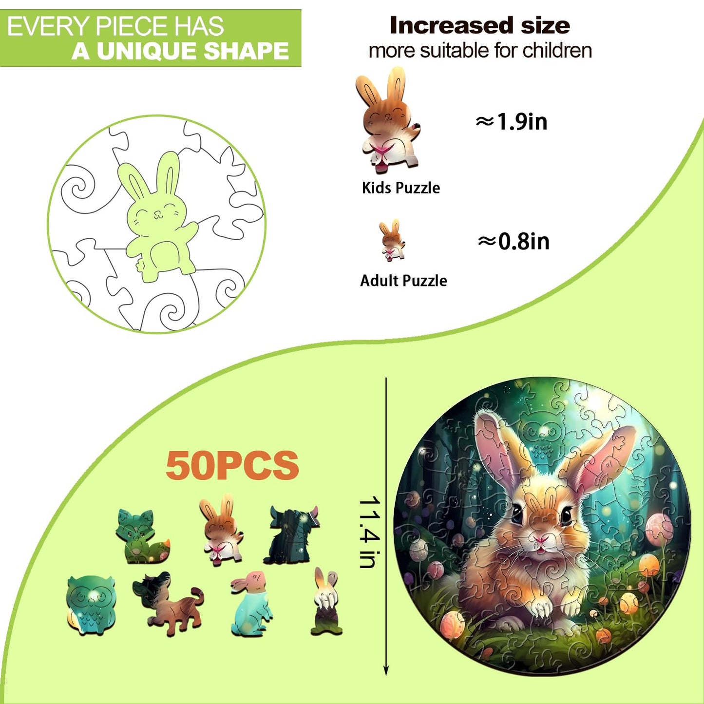Woodbests 50 Piece Large Wooden Puzzles For Kids Ages 4-6, Rabbit Wooden Kids Puzzles (11.4''X11.4'') Unique Shape, Birthday & E