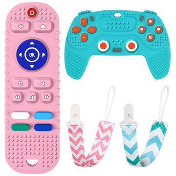 2Pcs Silicone Baby Teething Toys, Remote Control Shape Teething Toys And Game Controller Teether Toy With 2Pcs Pacifier Clip, Bp