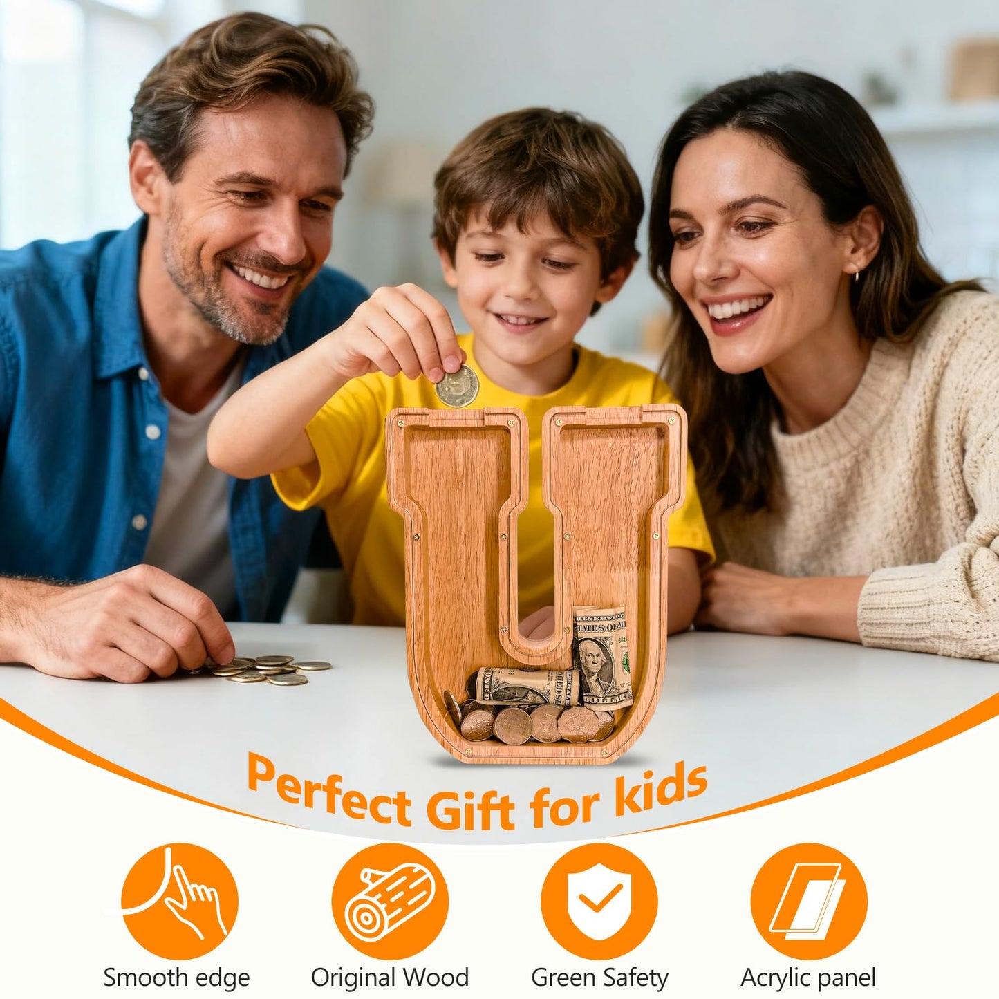 Wooden Letter Piggy Bank for Kids  Initial Coin Bank for Boys and Girls  First Name Personalized Savings Bank for Birthday Boys Girls Gift Piggy Bank for Kids (Wood  S9-U)