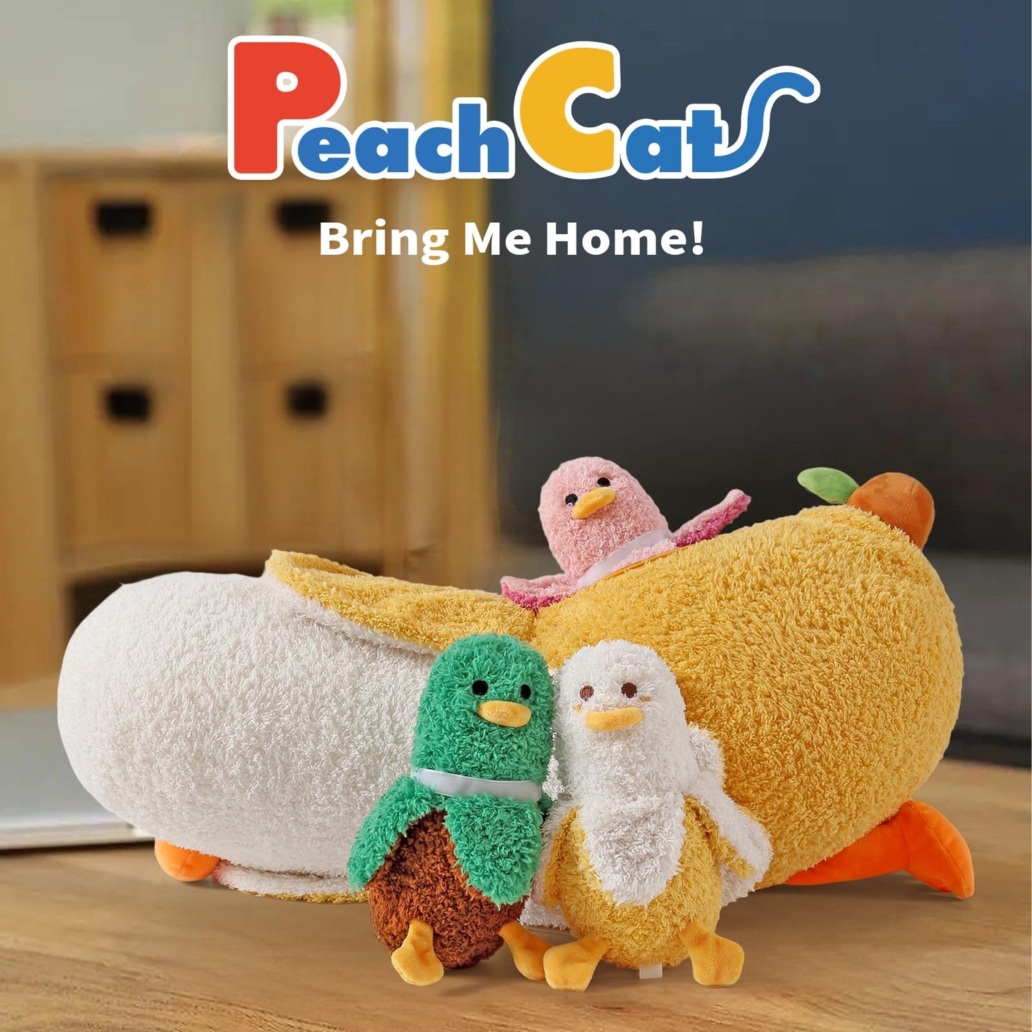 PEACH CAT Banana Duck Plush Set - 19.7 Mommy Duck with 3 Cute Babies, 4-Piece Stuffed Animal Toy Gift for Kids, Family Fun