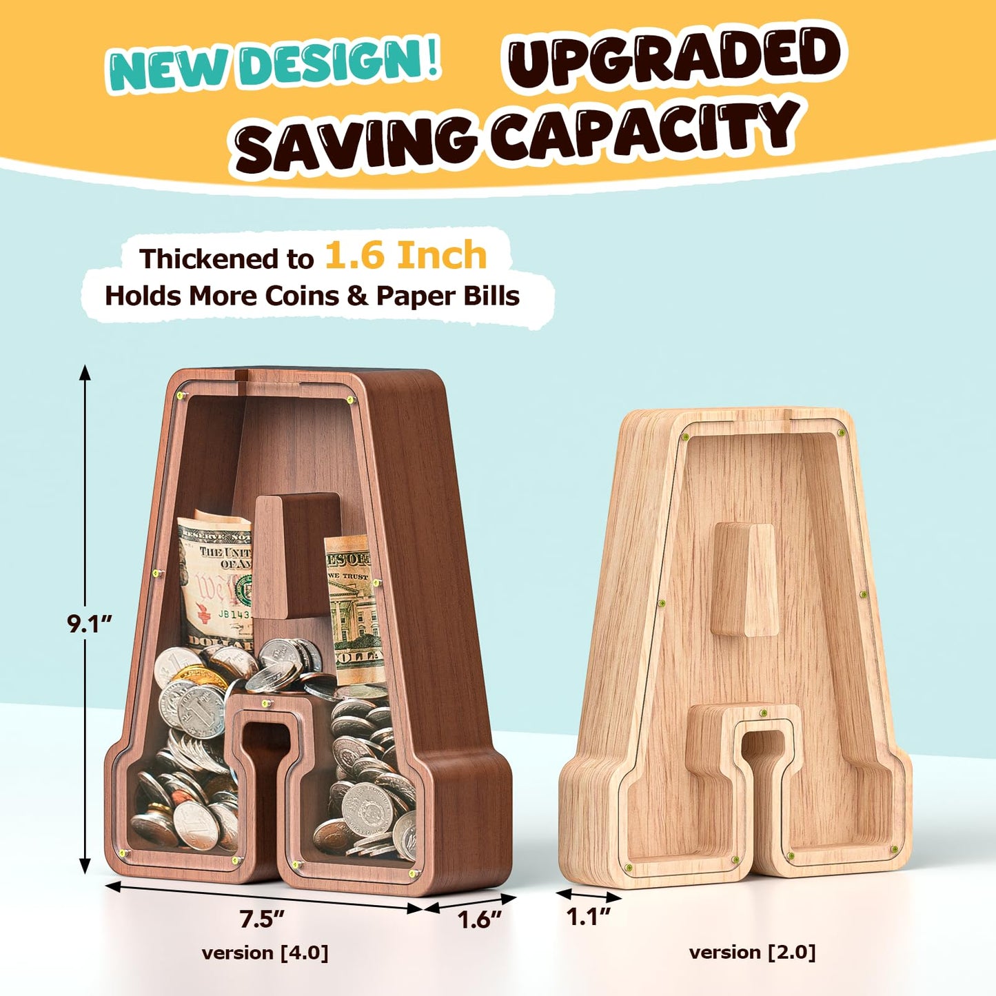 Summidate Wooden Letter Piggy Bank  Extra Thick Large Capacity Piggy Bank for Kids Boys Girls Toddler  Alphabet L Money Bank| Coin Box Birthday  Christmas  Festival