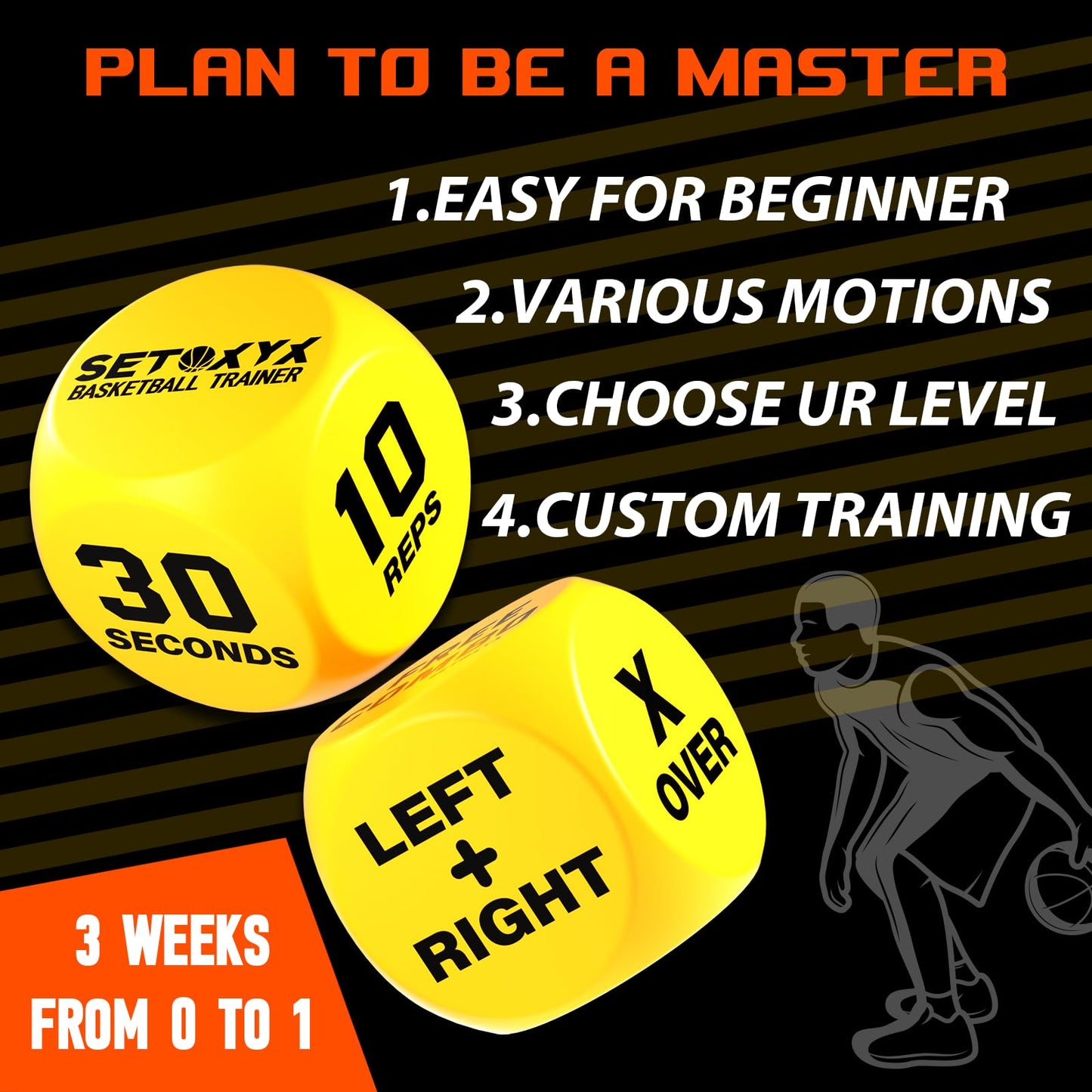 SETOXYX Basketball Dribble Skills Dice Set - Rubber Training Equipment for Beginners - Yellow, Perfect for Gifts and Party Favors