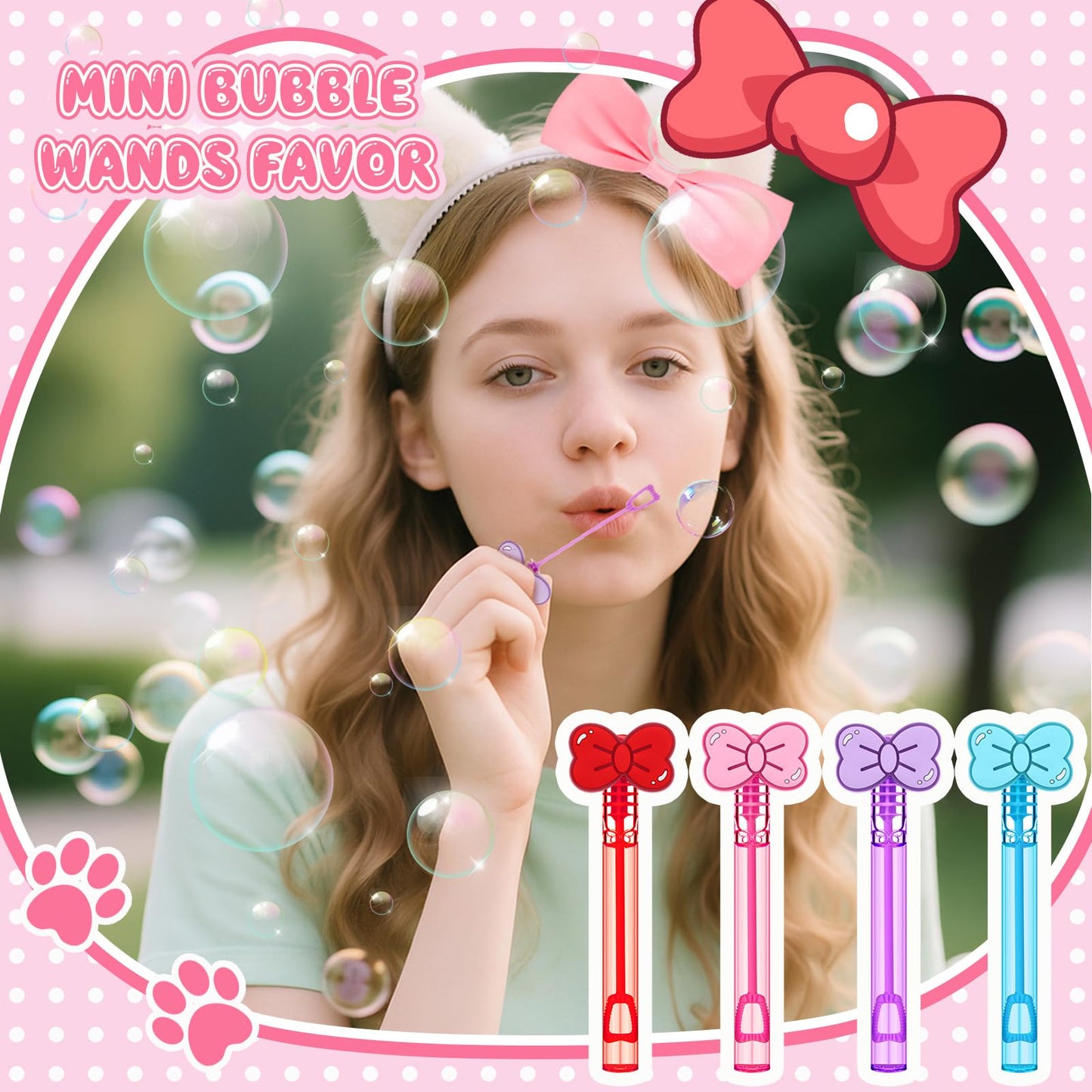 RoundFunny 24 Pcs Bow Mini Bubble Wands Kitty Themed Party Kawaii Bubbles Sticks Wands for Cute Cartoon Bow Kitten Cat Theme Bir