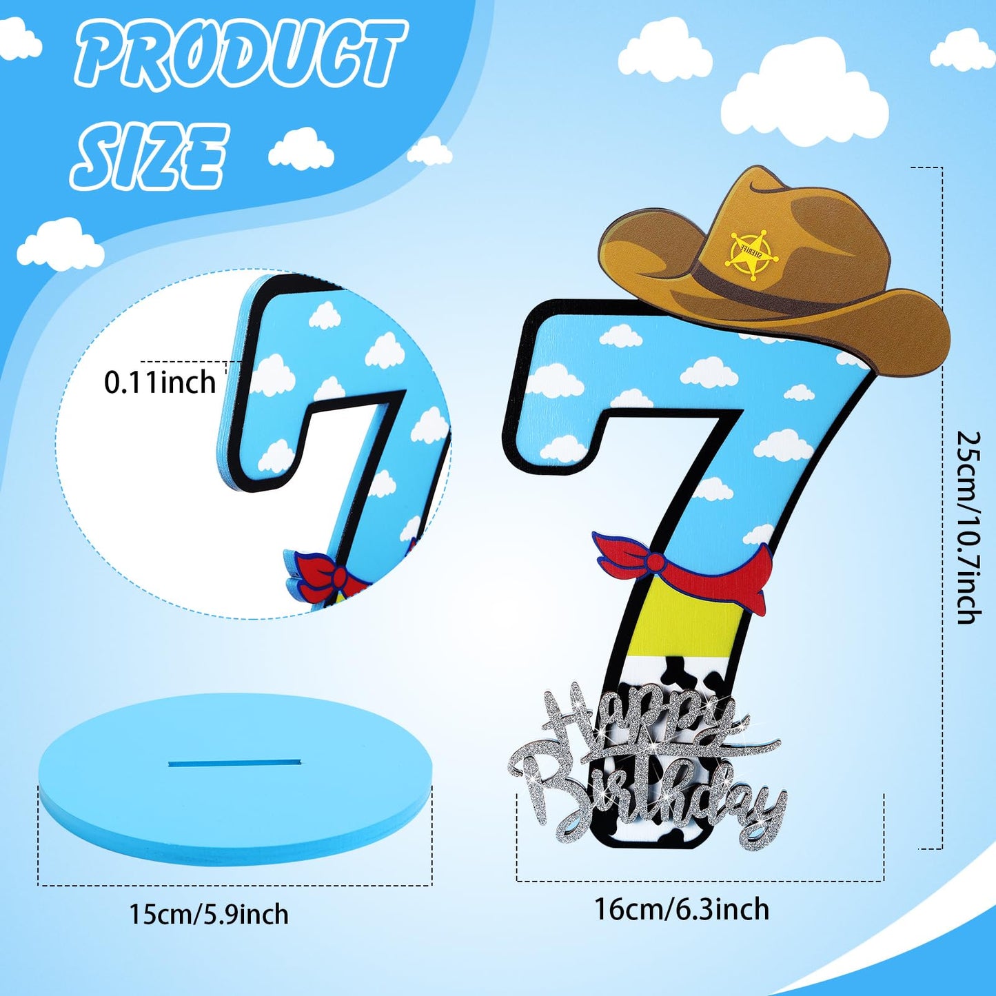 Vercraft Toy Theme 7th Birthday Party Number Centerpiece 11.8 Inch Cartoon Party Number Sign Blue Sky and White Cloud Cow Birthd