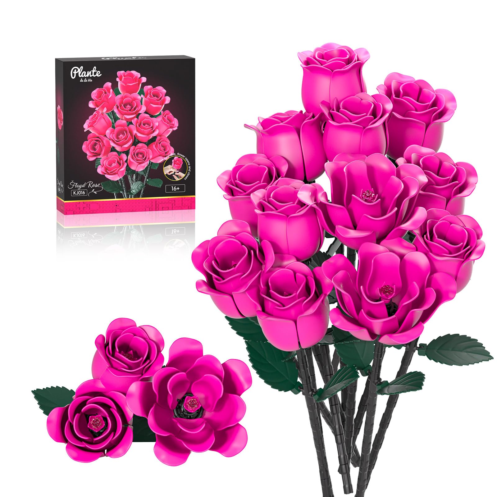 12 Pink Rose Bouquet Building Set with Heart-Shaped Gift Box Base, 528PCS  Gothic Romantic Roses Artificial Flower Building Block