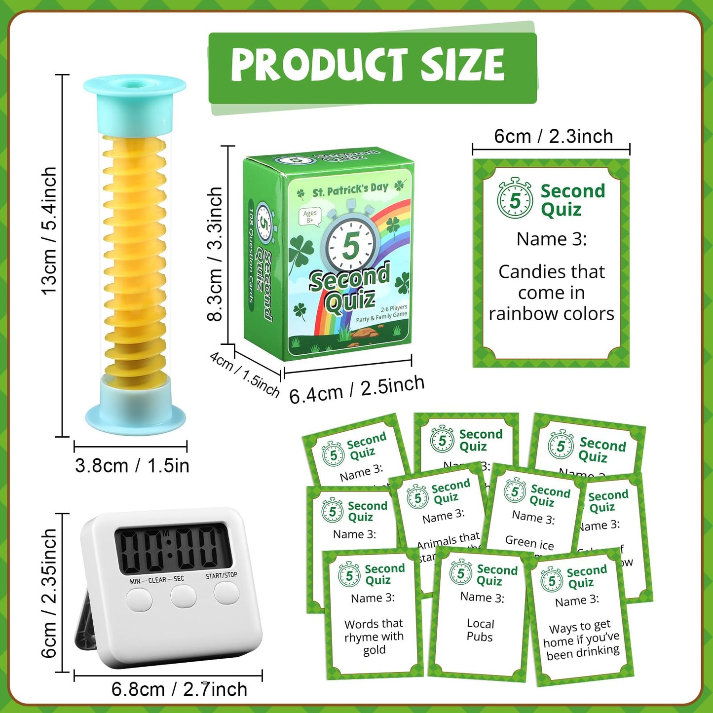 gisgfim St. Patrick's Day 5 Second Game 108 Simple Question Cards Digital Timer and 5 Second Hourglass Question Card Game for mature-themed Family Party Travel Night Sleepover Think Fast and Shout Out Answer