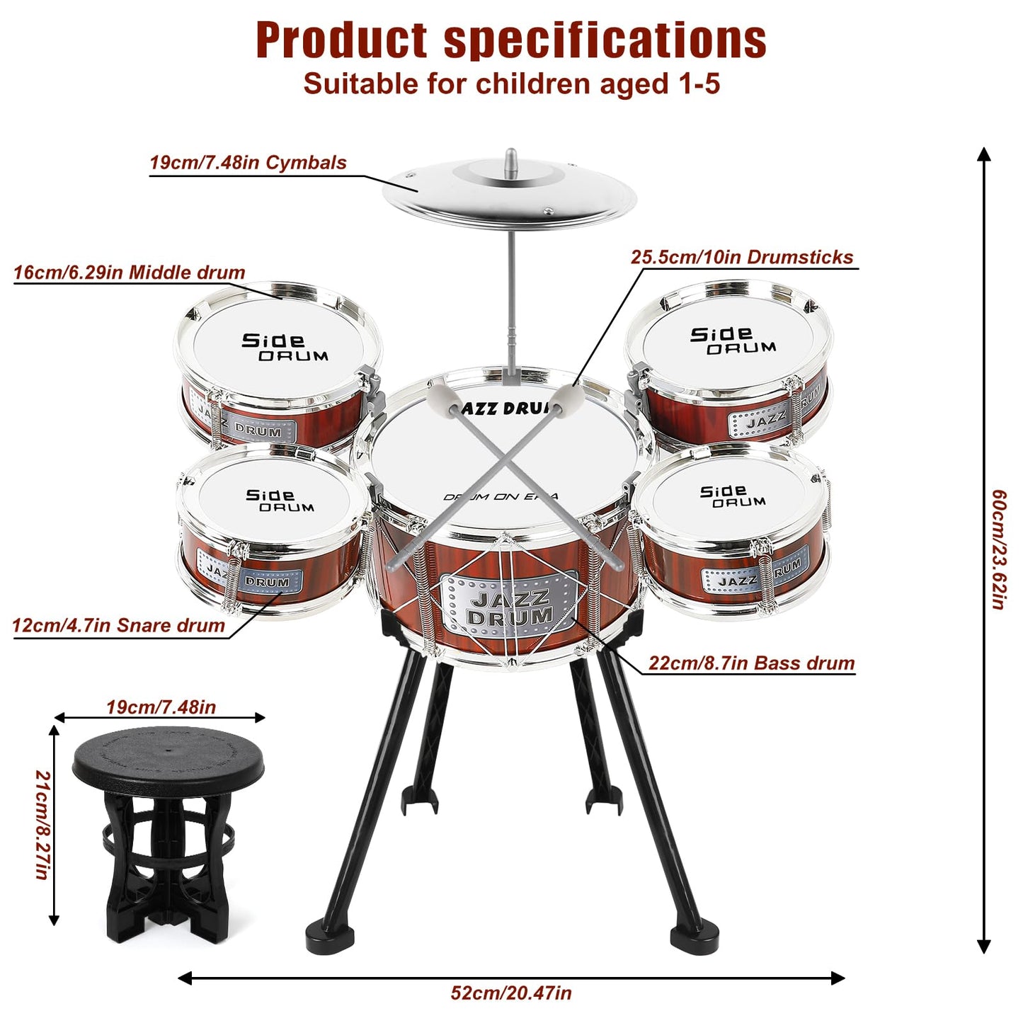 M Sanmersen Kids Drum Set Jazz Drum Kit 8 Piece For Toddler Educational Percussion Musical Instruments Drum Toy Playset Xmas Gift For Boys Girls - Red