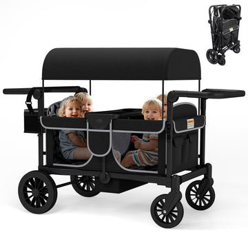 TOLEAD Wagon Stroller for 4 Kids  Foldable 4 Seats Outdoor Stroller Wagon with Canopy  Adjustable Handlebars  5-Point Safety Harness  Detachable Tray  Portable Bag  Black