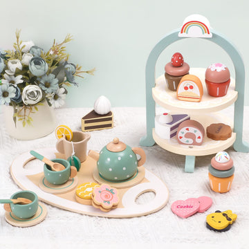 Atoylink Wooden Tea Party Set for Little Girls 28 Pcs Toddler Tea Set with Cupcake Stand & Food Pretend Play Accessories Kids Ki
