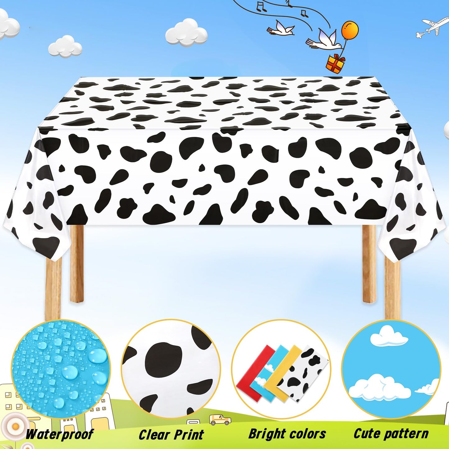 NOVWANG Kids Story Tablecloth, 4 Pack Blue Sky White Cloud Tablecloth Mix Color Toy Inspired Tablecloth Disposable Cow Table Cov