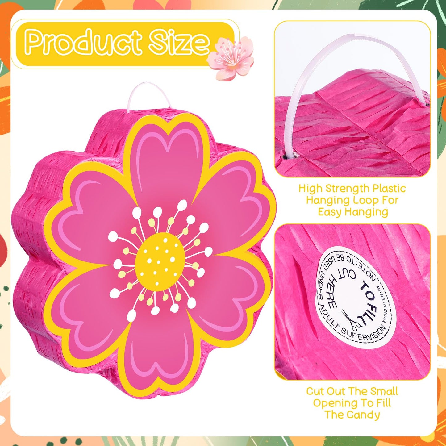 Aoriher Daisy Flower Piñata Set - Pink, Paper, Includes Blindfold & Bat, Perfect for Birthday, Baby Shower, Gender Reveal, Wedding