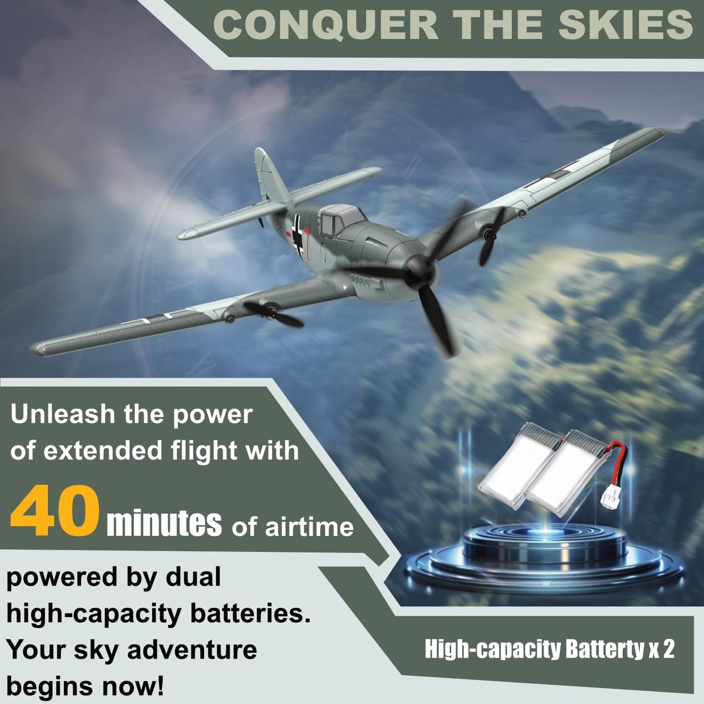 Anburi Rc Plane, 3 Channel Bf - 109 Remote Control Airplane, 2.4Ghz & 6 Axis Gyro Stabilizer, 2 Batteries Included, Ideal For Ad