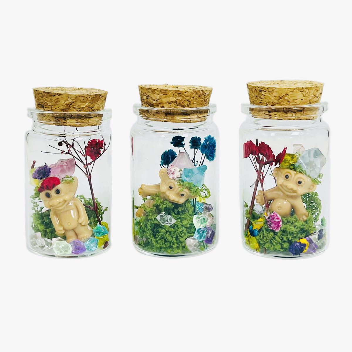 3Pcs Mini Troll Dolls Terrariums Handmade Diy Hand-Crafte Retro Vintage Troll Doll Encased In 3 Glass Bottles
