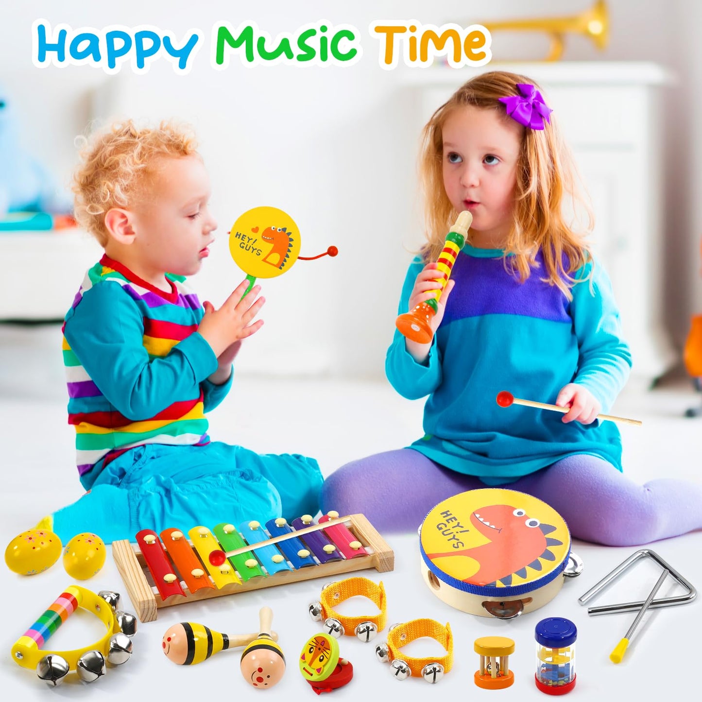 Raimy Kids Musical Instruments Set - Wooden Percussion Instruments Toy For Toddler Baby, Preschool Educational Music Toys For Boys And Girls With Carrying Bag (Yellow)