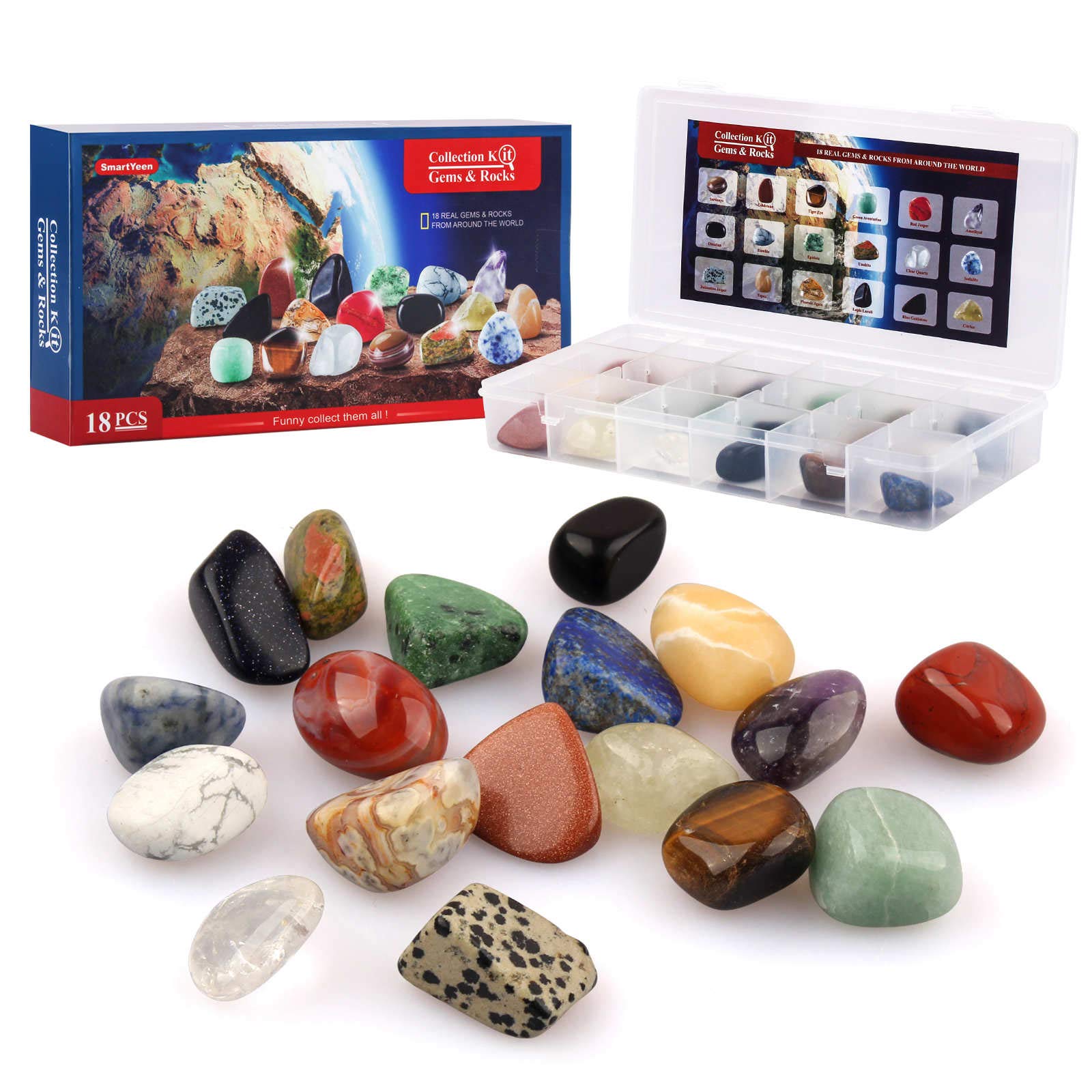 Smartyeen 18Pcs Rock Collection For Kids,Gemstones & Rocks Set With Educational Information Sheet And Display Case Science Gift For Boys Girls