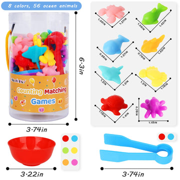 MCPINKY 64PCS Counting Ocean Animals Matching Games for Toddlers, Color Sorting Toys with Bowls Preschool Learning Activities fo