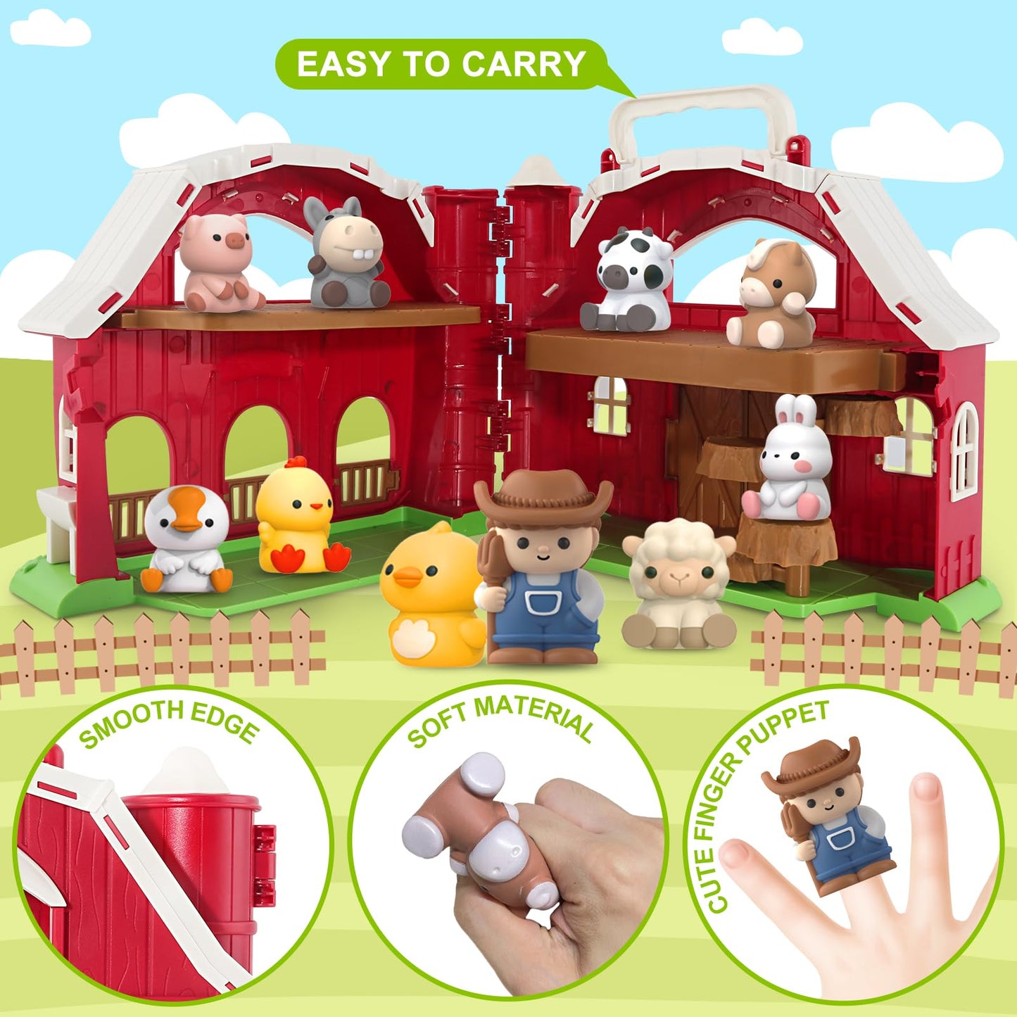 Letapapa Farm Animals Big Barn Toy, Educational Montessori Playset, Red, for Toddlers 1-3 Years, Model LE-GCplayset-10