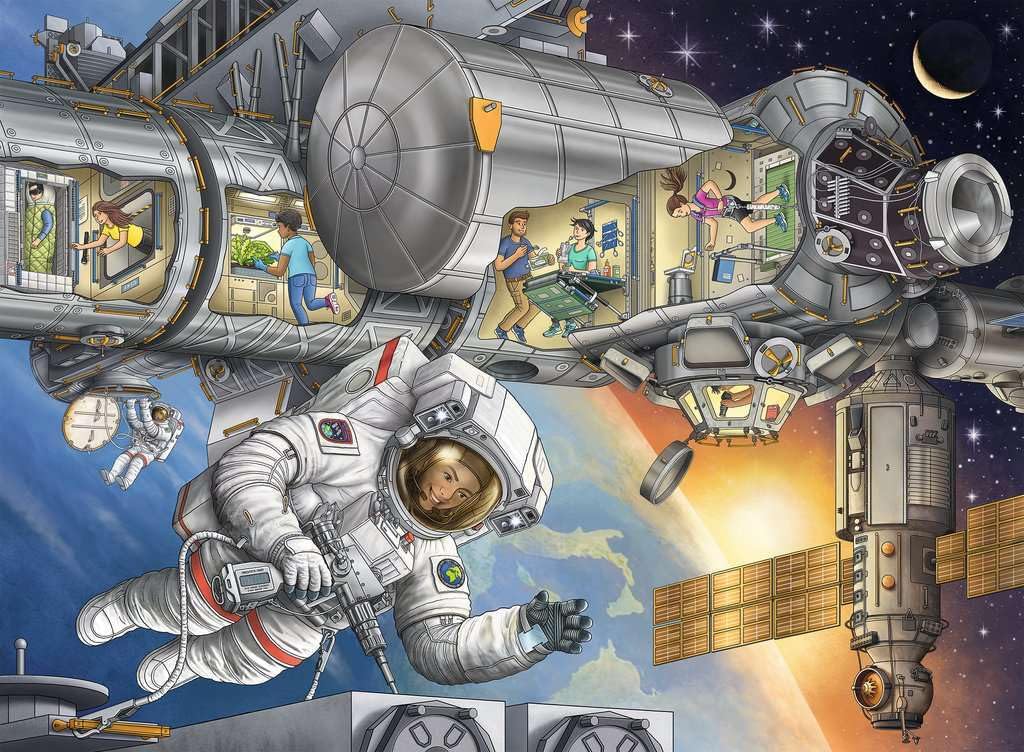 Ravensburger Children'S Puzzle 13366 - At The Space Station - Wieso? Weshalb? Warum? Puzzle 100 Pieces Xxl + Knowledge Poster For Space Fans From 6 Years
