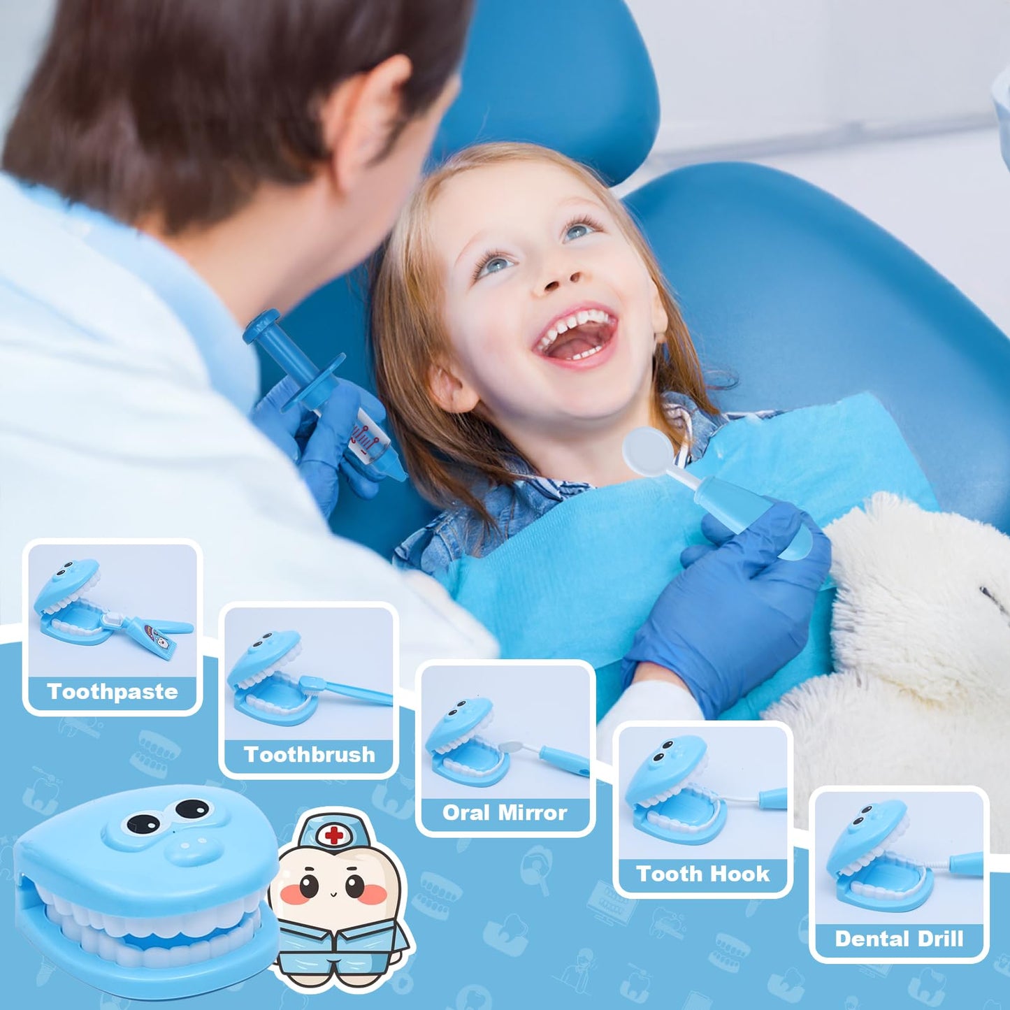 Dentist Play Set with Pretend Play Set of Teeth and Dental Accessories,30 Pieces Toy Doctor Kit for Kids with Medical Bag & Dent