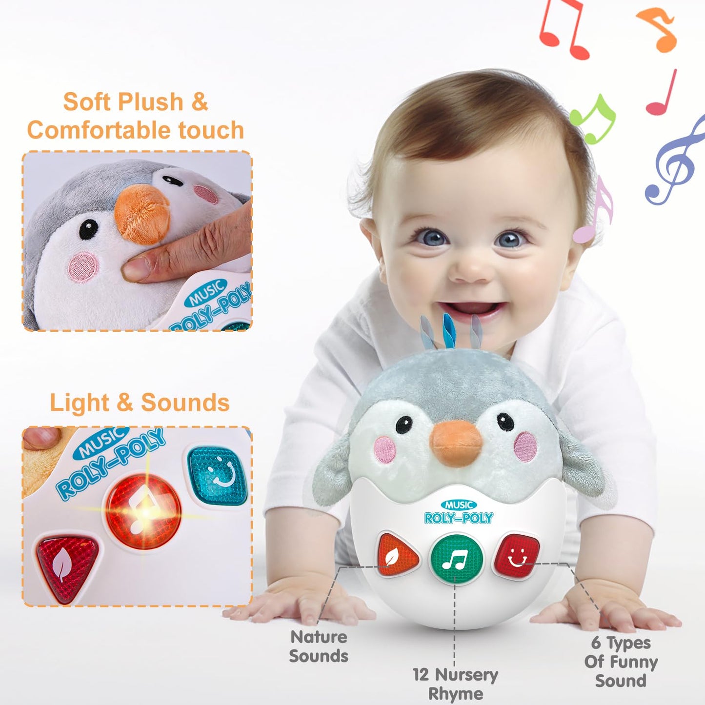 Wowohage Infant Toys 0-3-6-12 Months Shower Gifts, Plush Penguin Musical Toys, Cute Stuffed Animal Baby Toys With Light & Sounds