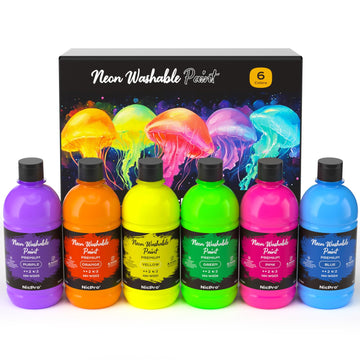 Nicpro 6 Colors Fluorescent Large Washable Paint Set for Kid (16.9 oz), Glow in the Black Light, Non Toxic Neon Tempera Paints f
