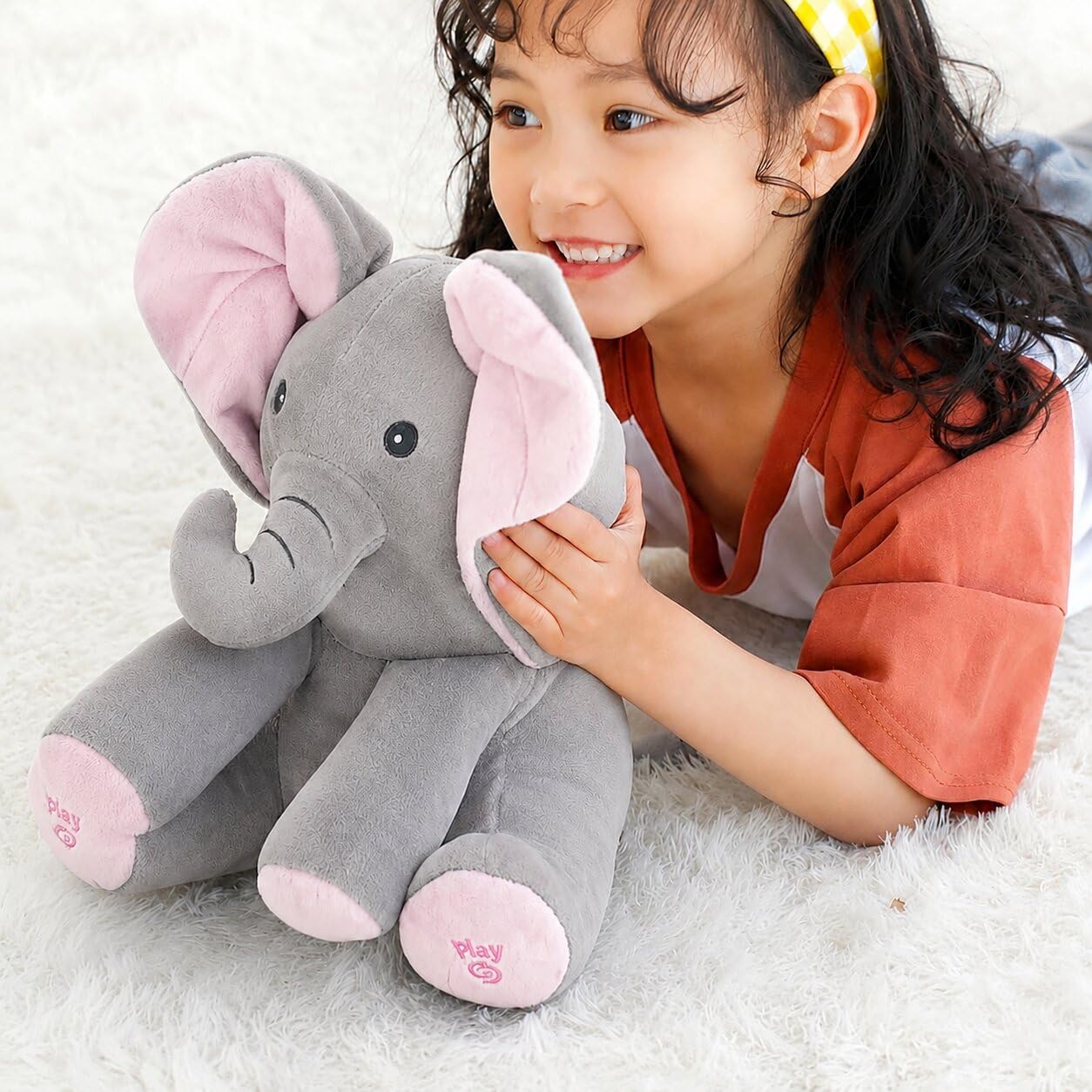Visharni Interactive Peekaboo Elephant Stuffed Animal, Musical Plush Toy With Moving Ears, Singing Songs And PeekABoo Play For