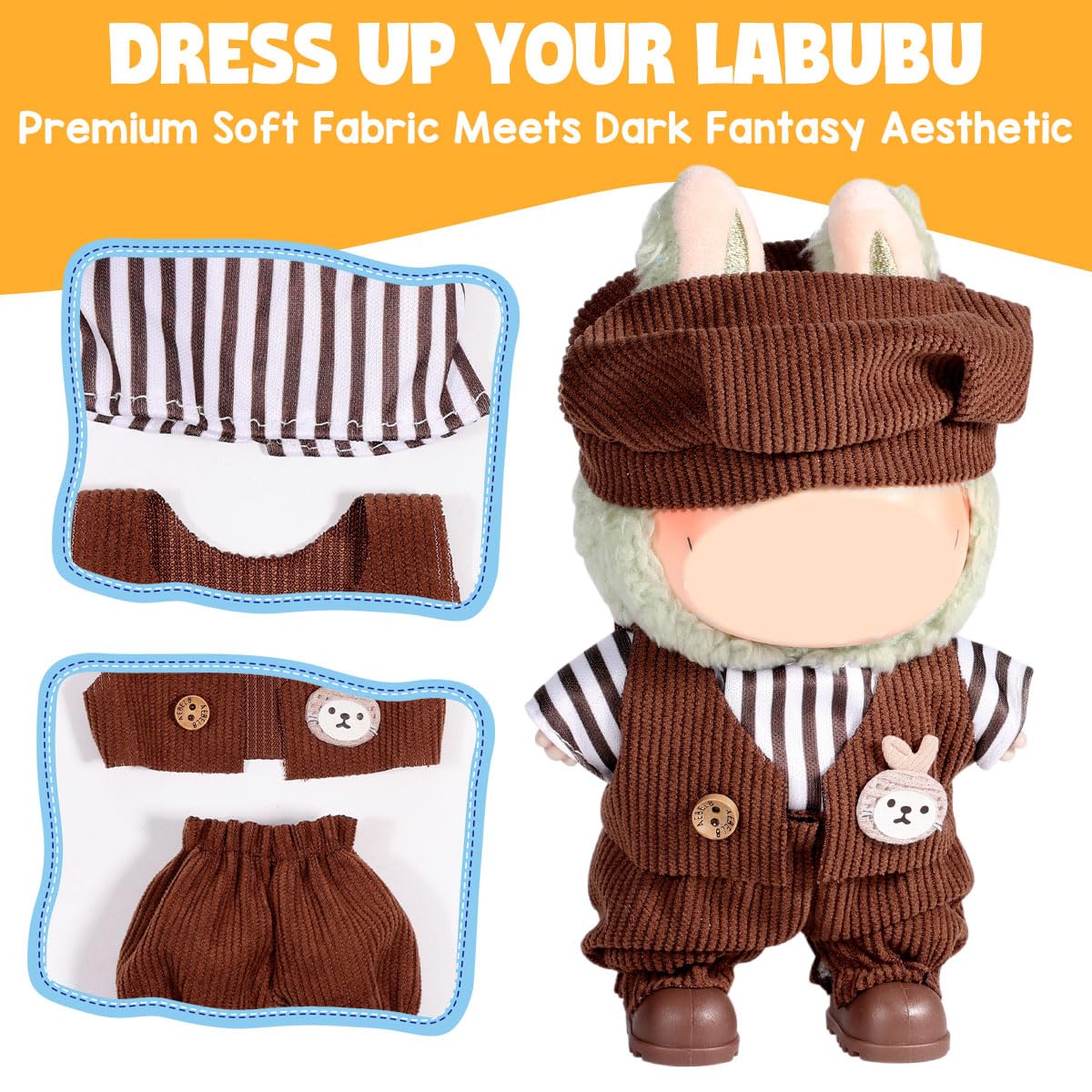 AICase for Labubu Clothes/for Labubu Outfits Clothes Set for 17cm Lububu Doll 3 Piece Set Hat Clothing for LA BUBU  Boys and Girls Stylish Adorable Dolls Clothes Accessories (No Doll)_08