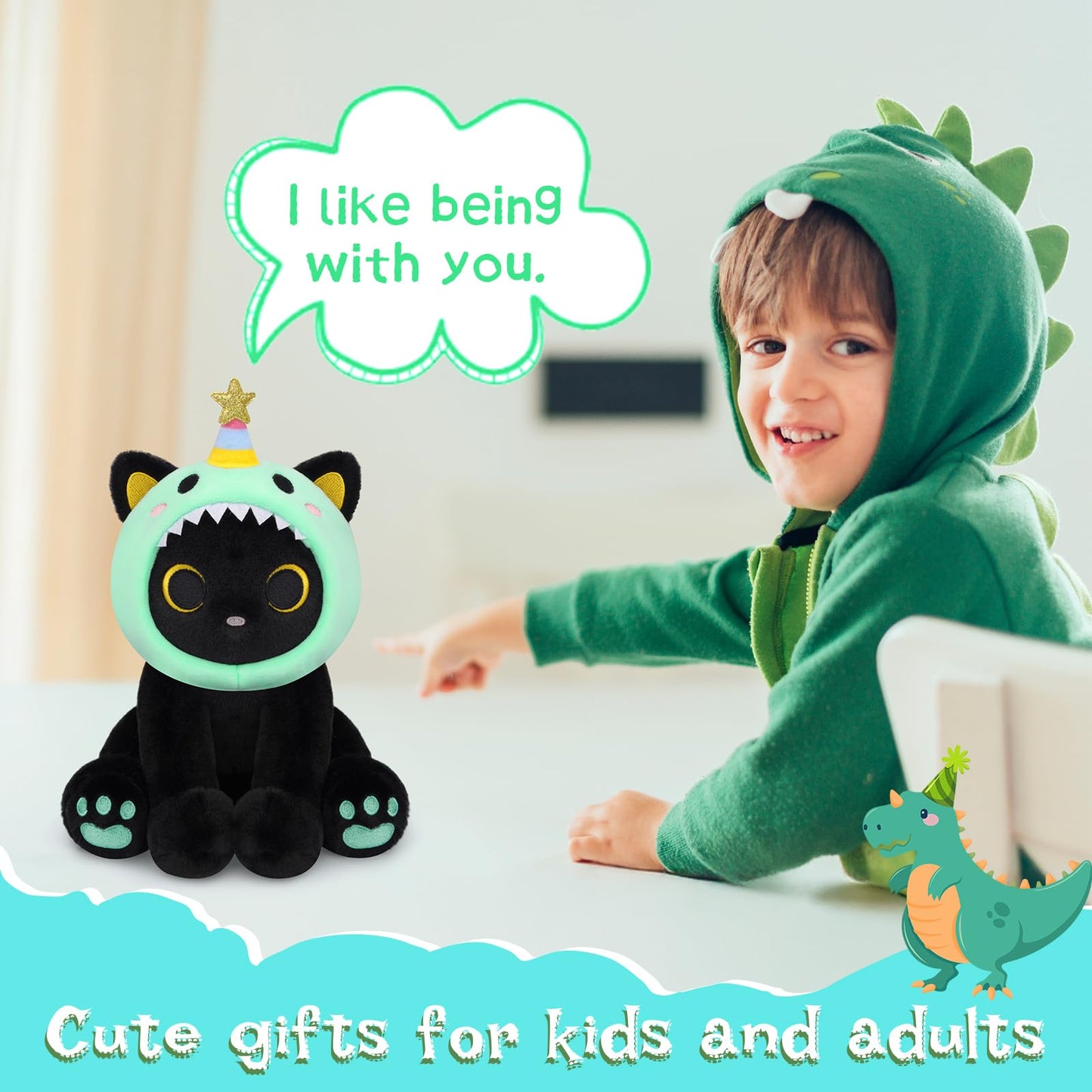 Hagusahuo Dinosaur Plush  8inches Black Cat Plush with Green Dino Plushie Hood Removable  Cute Plushies Shiny Dinosaur Stuffed Animal Doll Toy Birthday Gifts for Kids Boys Girls