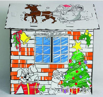 TengRui My Own Coloring Playhouse Kid Foldable Play House Kit enhanced Paper Corrugated Cardboard Child DIY Hand Drawing Painting and Imagination Training Toy Markers Included(Christmas Cottage)