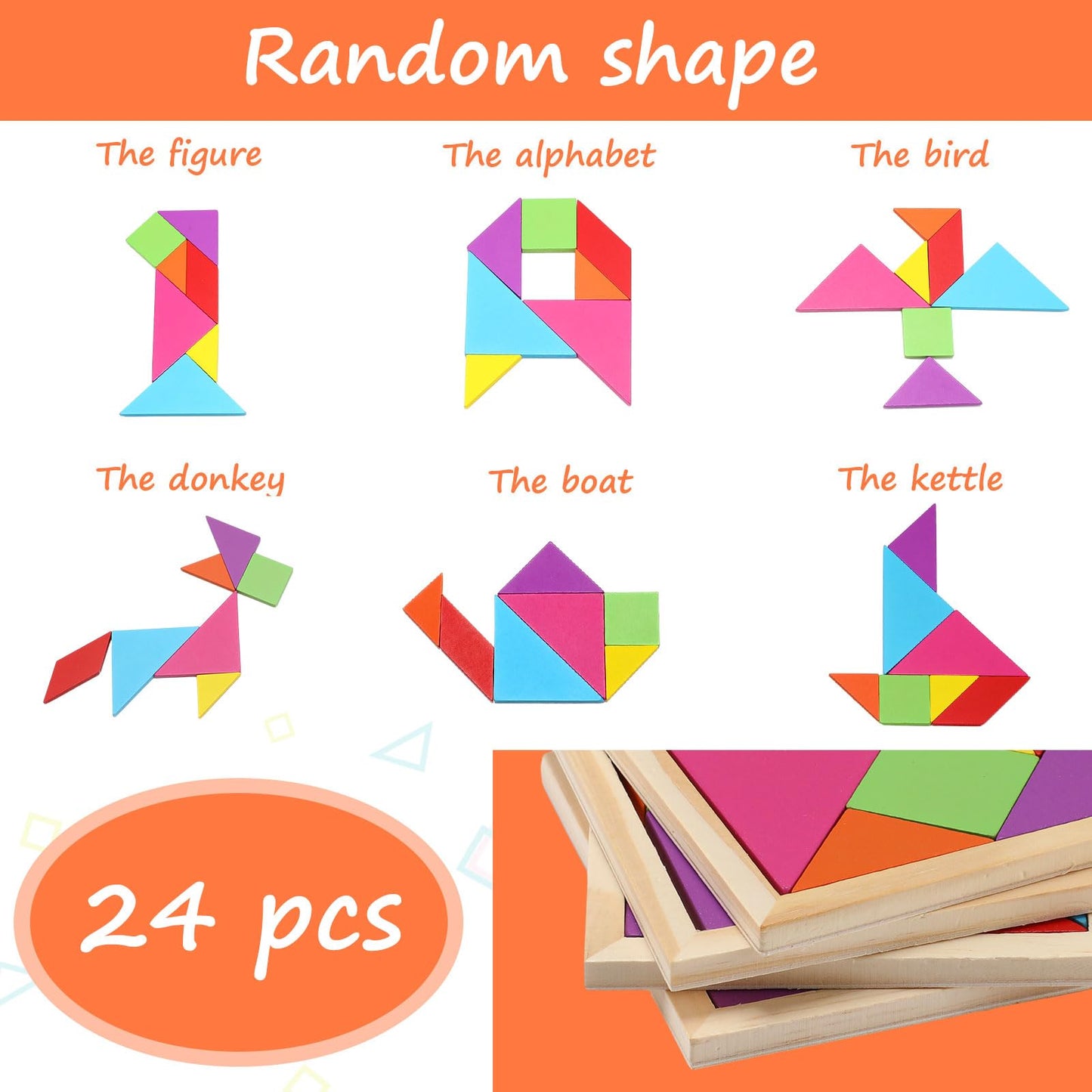 Syhood 24 Pieces Tangrams Puzzles For Students Party Favors Wooden Tangram Pattern Blocks Brain Logic Blocks For Manipulatives Games Educational Gifts And Party Favors(Bright)