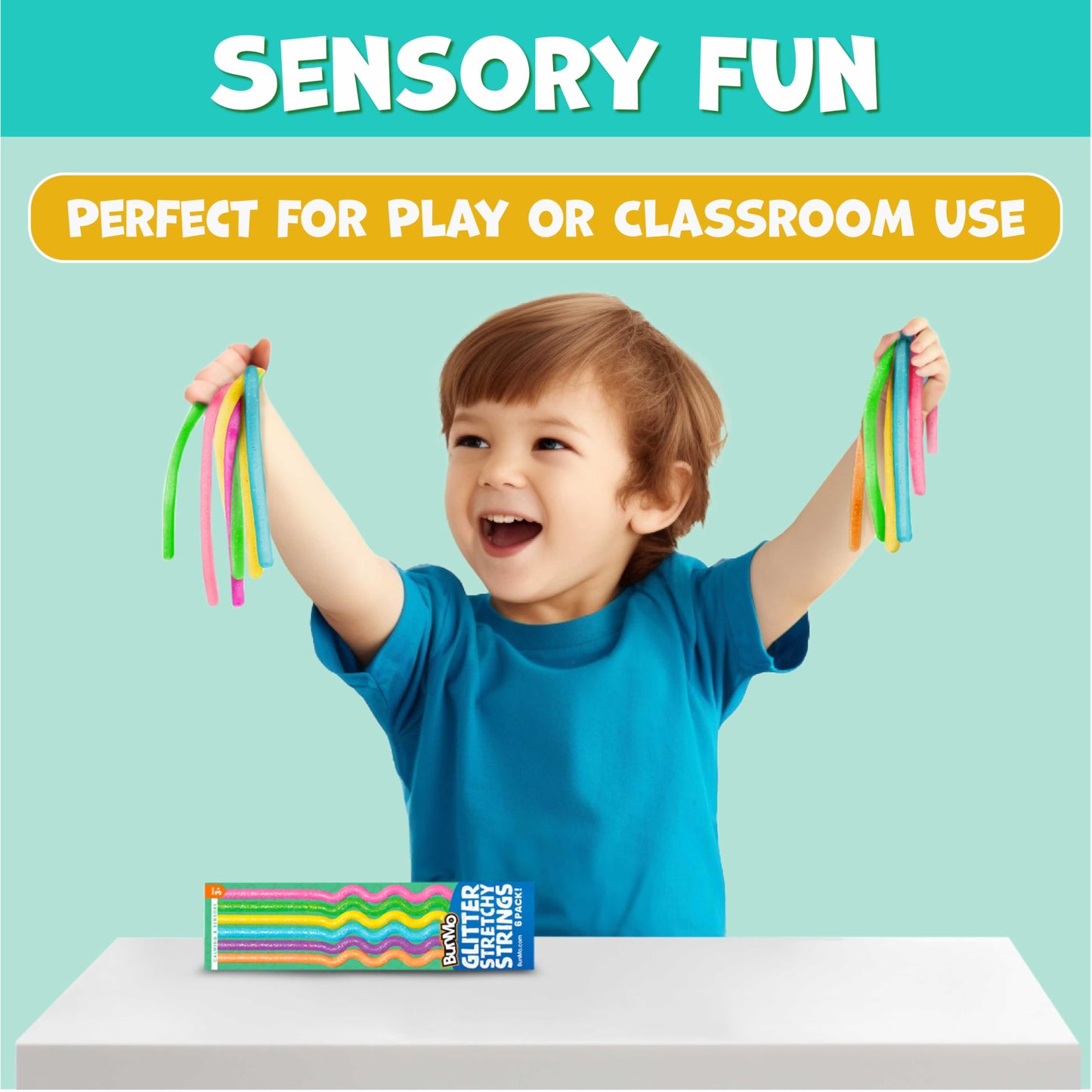 BUNMO Sensory Toys Stretchy Strings for Toddlers 3+ - Stimulating & Addictive Fidget Toys for Kids - Hours of Fun for Kids - Non-Mouthable Toy 3+ - Glitter 6 Pack