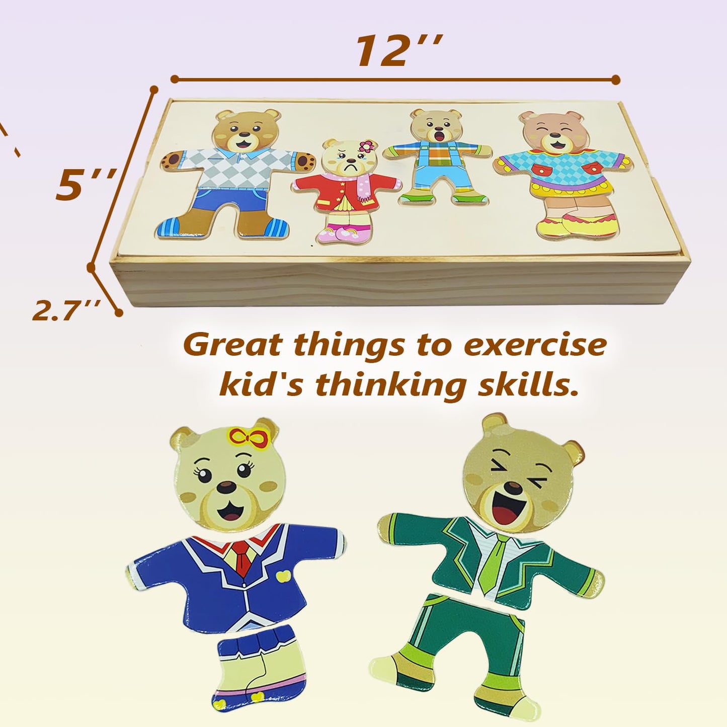 Lilybeauty Wooden Bear Family Dress-Up Puzzle Box For Toddlers(72Pcs),Change Clothes Puzzle Games, Preschool Learning Activities
