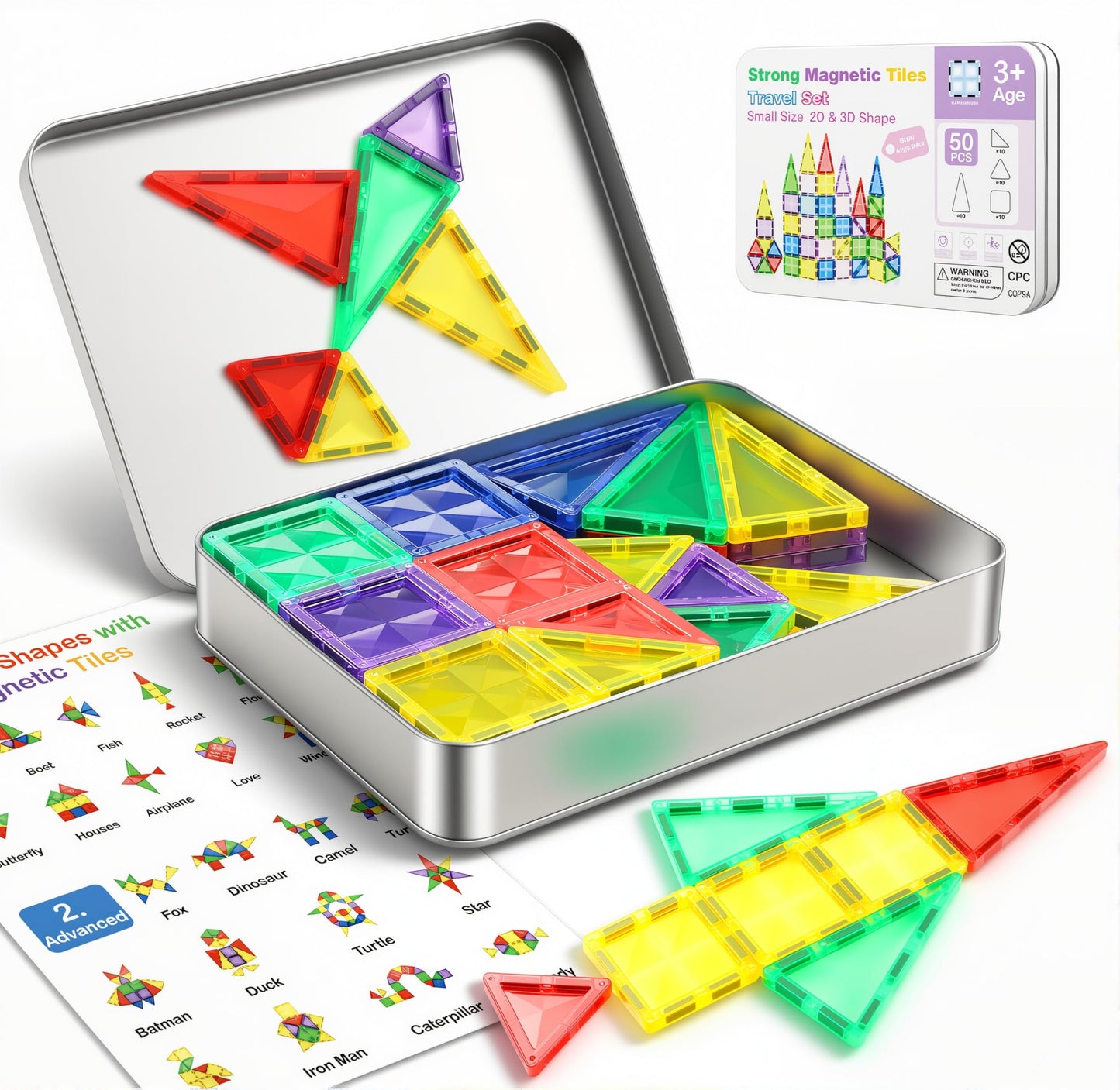 50Pcs Small & Strong Magnetic Tiles Travel Set,Magnet Building Blocks With Metal Case, Montessori Stem Toy For Kids Ages 3+, Por