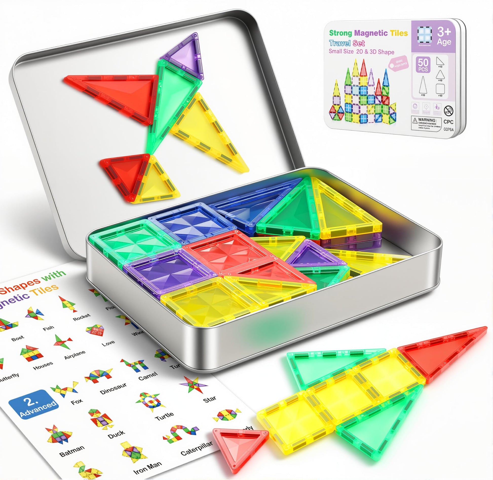 50Pcs Small & Strong Magnetic Tiles Travel Set,Magnet Building Blocks With Metal Case, Montessori Stem Toy For Kids Ages 3+, Por