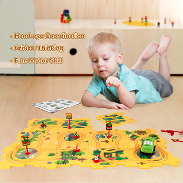 Xazastov Plastic Floor Puzzles For Kids Ages 3-5, Puzzle Track Car Play Set, Educational Montessori Toys For 3 4 5 6 Year Old Bo