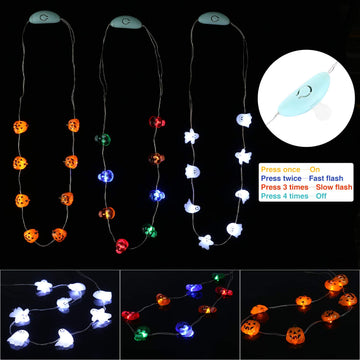 JASHIKA Halloween Eve Costume Party Accessories, Lighting Up LED Necklace Set of 3, Ghost, Jack O Lantern Pumpkin, Skull for Tri