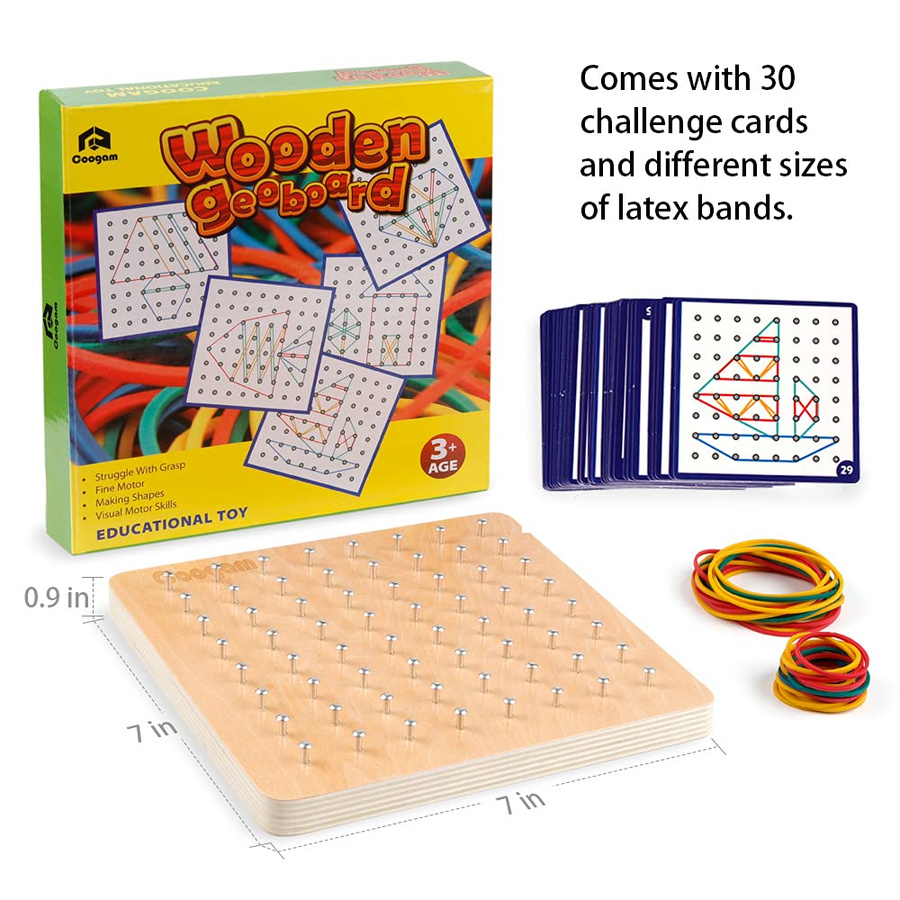 Coogam Wooden Geoboard - 8x8 STEM Puzzle with 30 Pattern Cards & Latex Bands, Multi-color Educational Toy for Kids