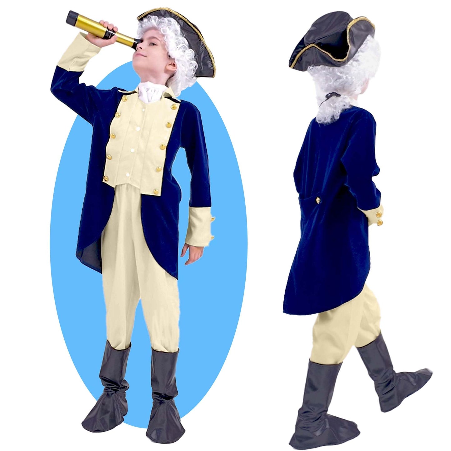 Yunsuelo George Washington Costume For Boys, Kids George Washington Costume With Wig Halloween Alexander Hamilton Colonial Costu