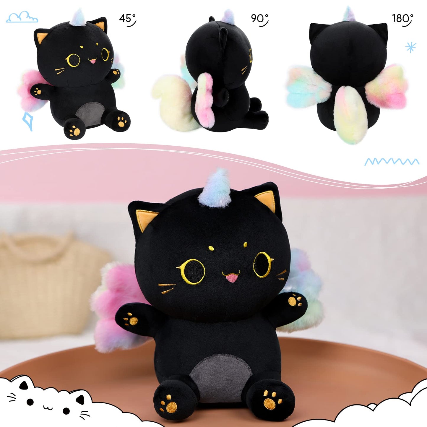 Aixini Cute Caticorn Plush Stuffed Unicorn Black Cat Animal Plushie 10'' Soft Toy With Rainbow Wings For Girls