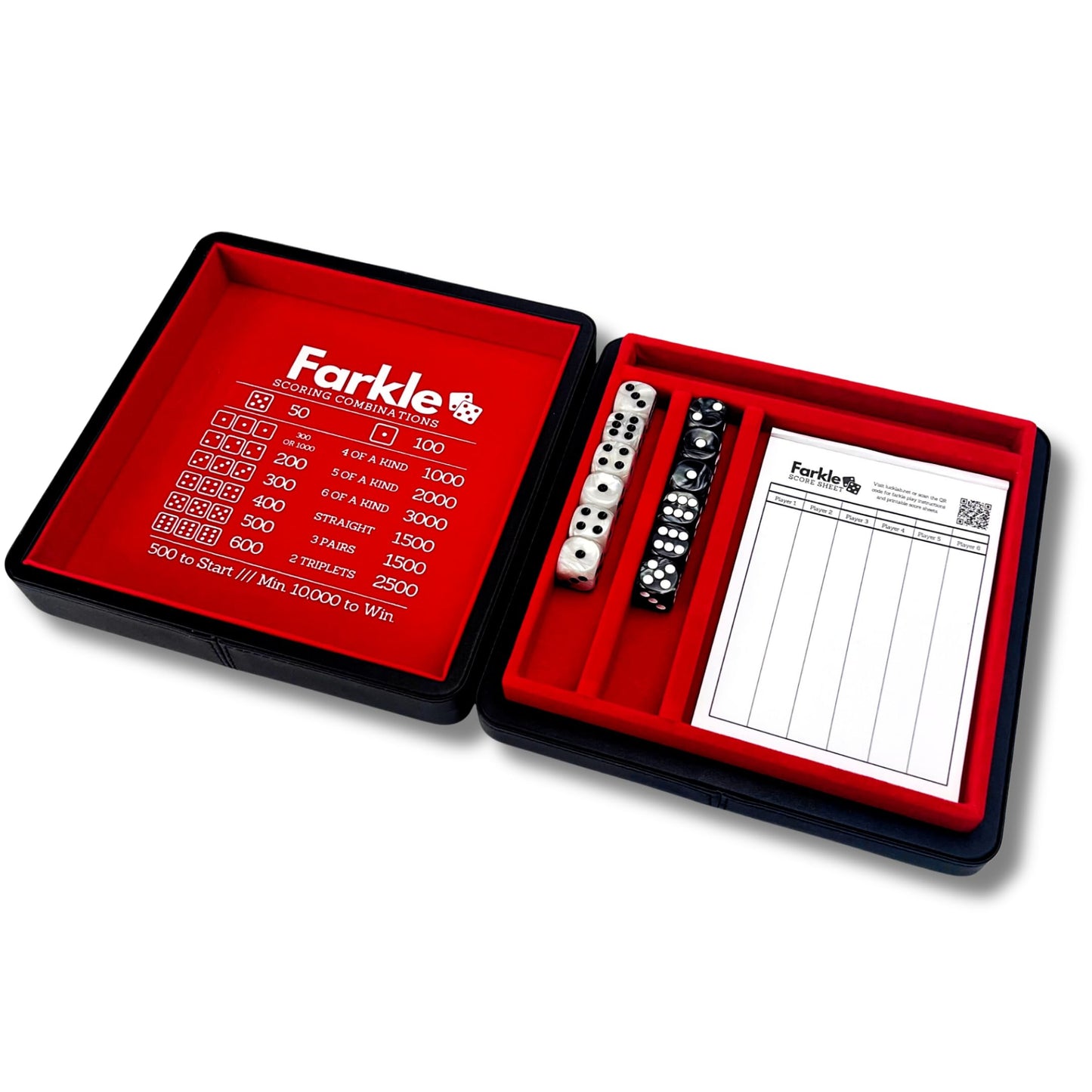 Luck Lab Farkle Dice Tray And Storage Case - Includes Embedded Scoring Combinations, 2 Sets Of 6 Pearl Dice, 40 Sheet Score Pad And Pen Holder For The Classic Family Game (Red)